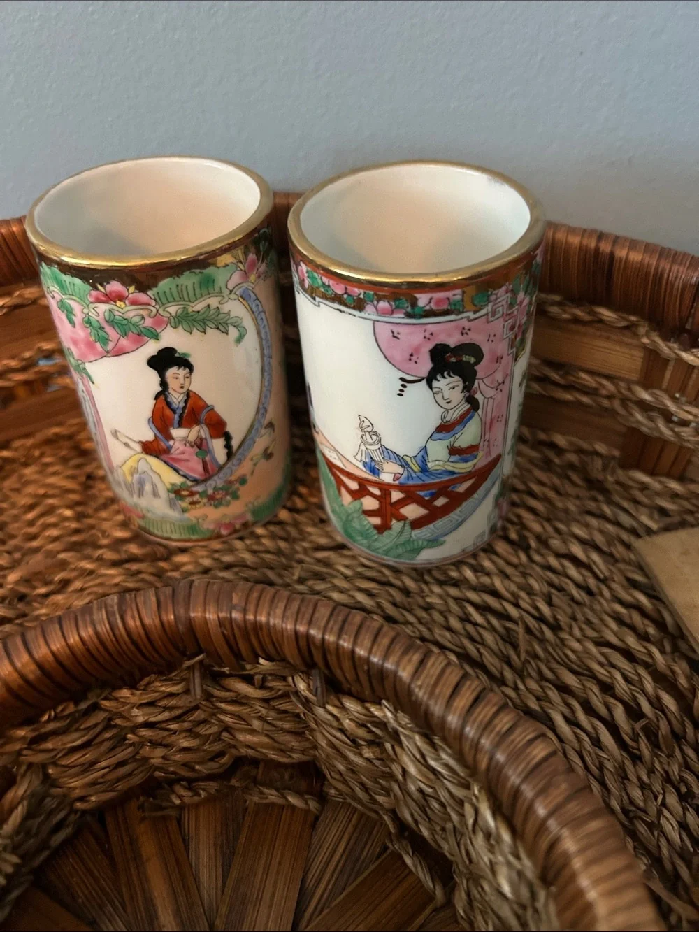 Antique  Two 3.5” famille Rose Pattern  Brush Pots Porcelain Chinese Circa 1850